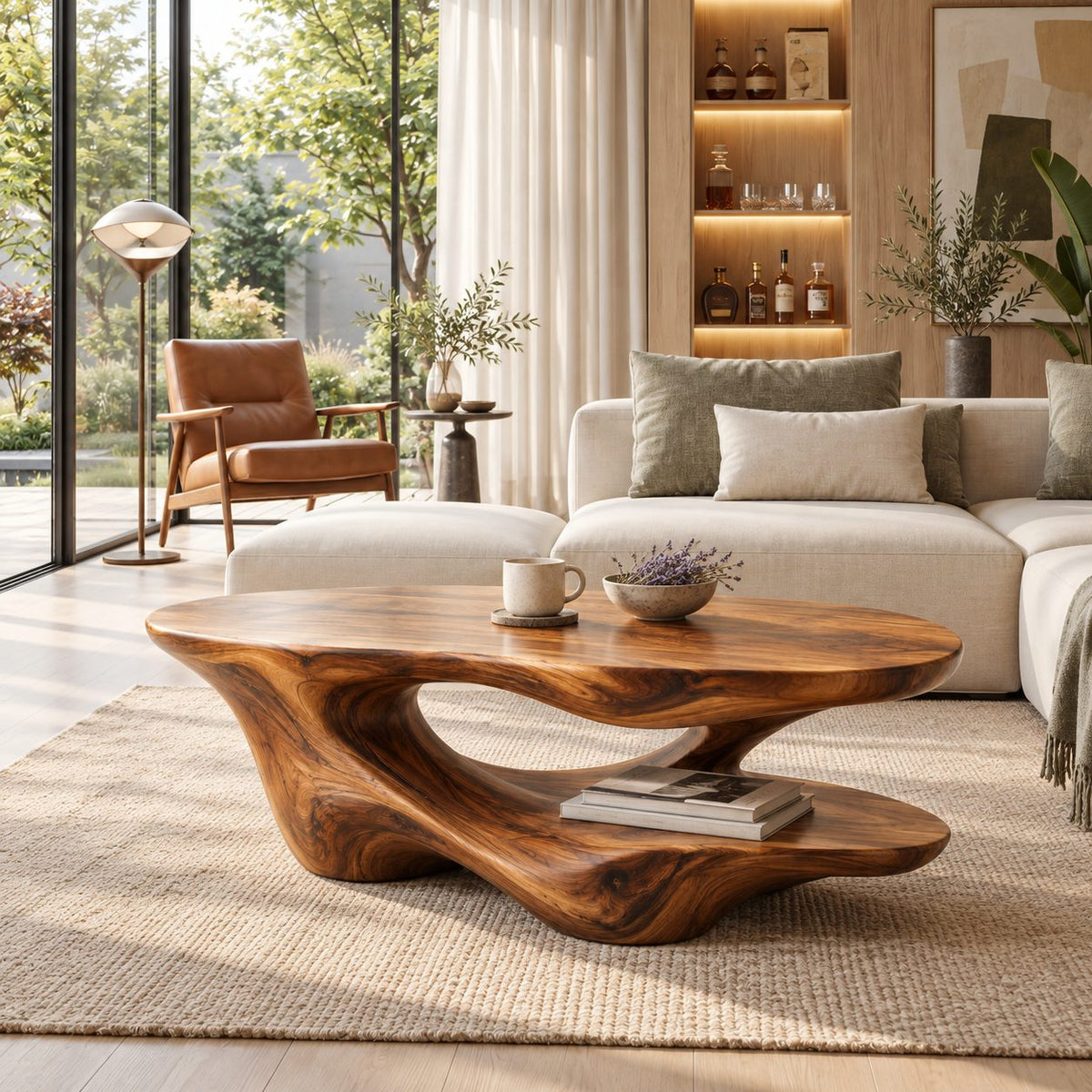 Two Level Coffee Table, Sculptural Solid Wood with Flowing Base and Lower Display Shelf