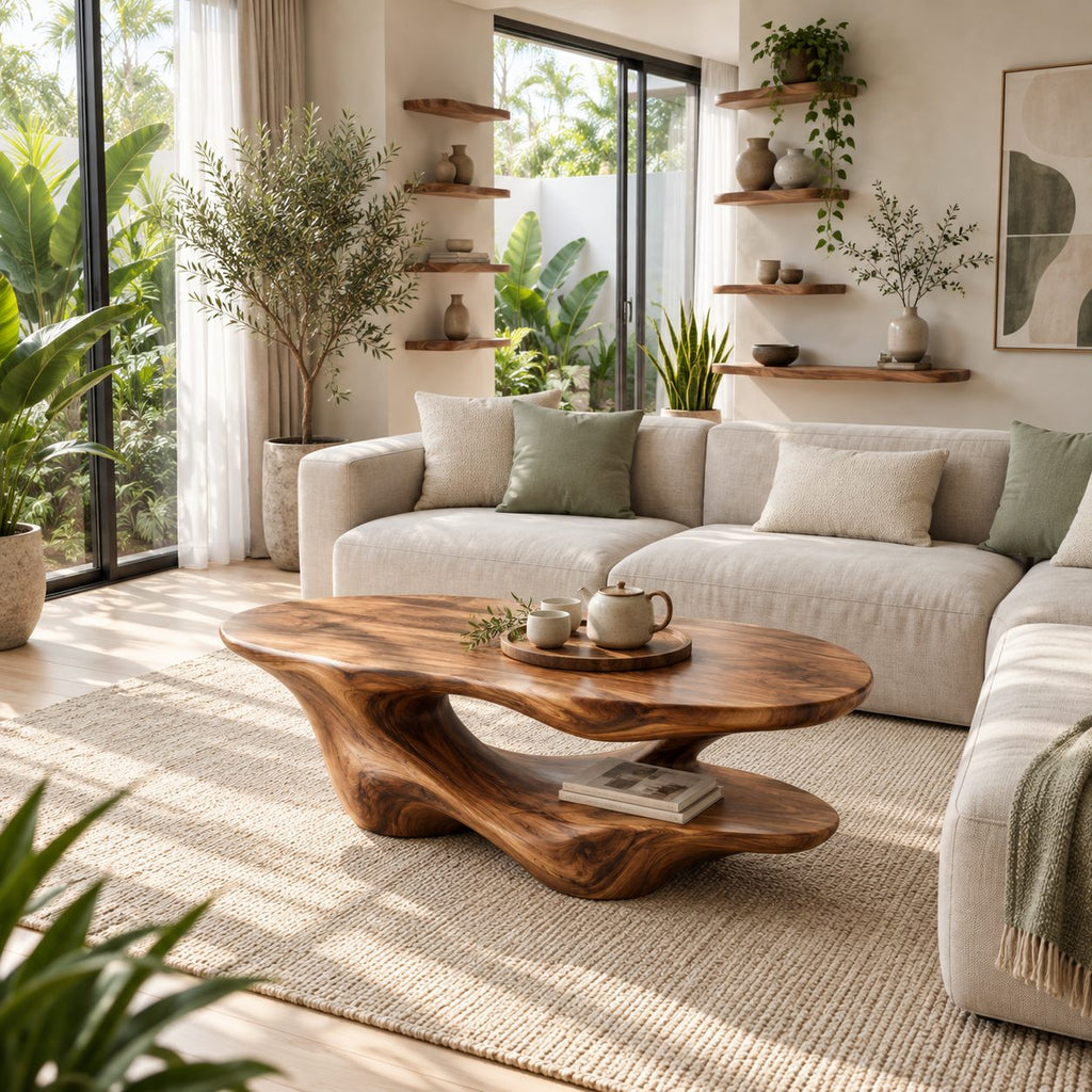 Two Level Coffee Table, Sculptural Solid Wood with Flowing Base and Lower Display Shelf