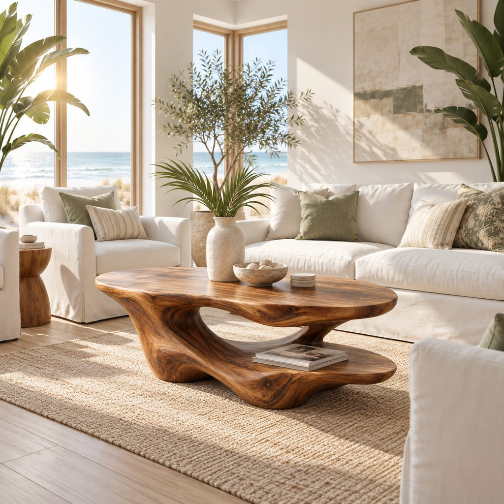 Two Level Coffee Table, Sculptural Solid Wood with Flowing Base and Lower Display Shelf