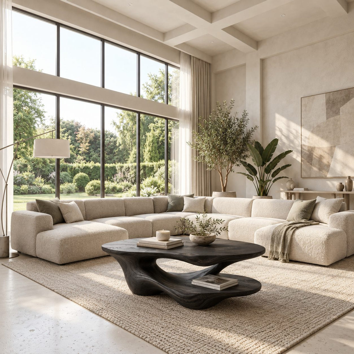 Two Level Coffee Table, Sculptural Solid Wood with Flowing Base and Lower Display Shelf