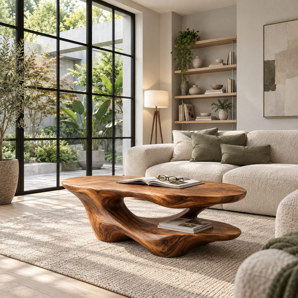 Two Level Coffee Table, Sculptural Solid Wood with Flowing Base and Lower Display Shelf