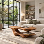 Two Level Coffee Table, Sculptural Solid Wood with Flowing Base and Lower Display Shelf