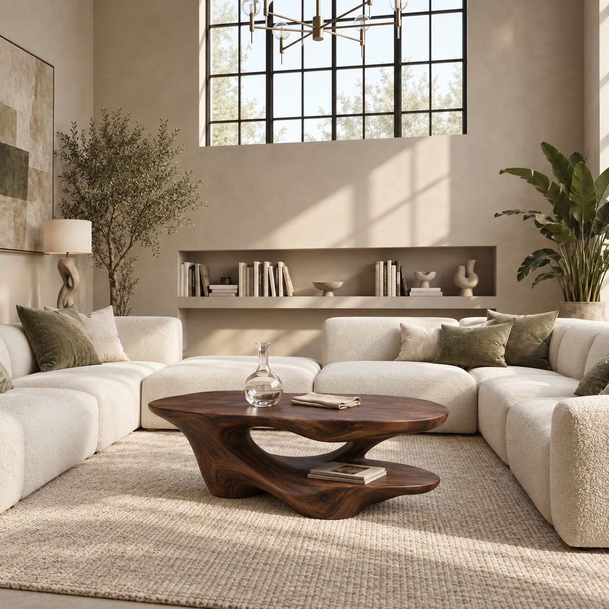 Two Level Coffee Table, Sculptural Solid Wood with Flowing Base and Lower Display Shelf
