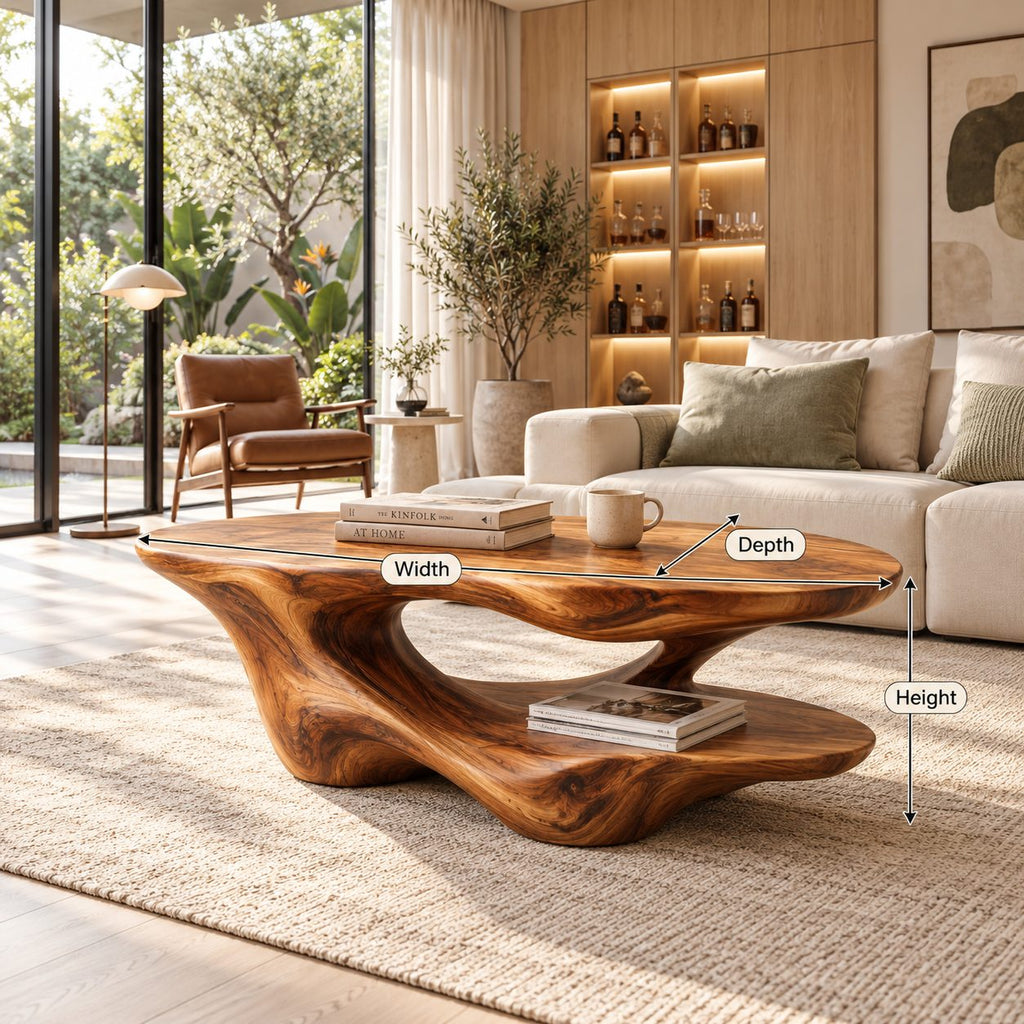 Two Level Coffee Table, Sculptural Solid Wood with Flowing Base and Lower Display Shelf