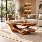 Two Level Coffee Table, Sculptural Solid Wood with Flowing Base and Lower Display Shelf