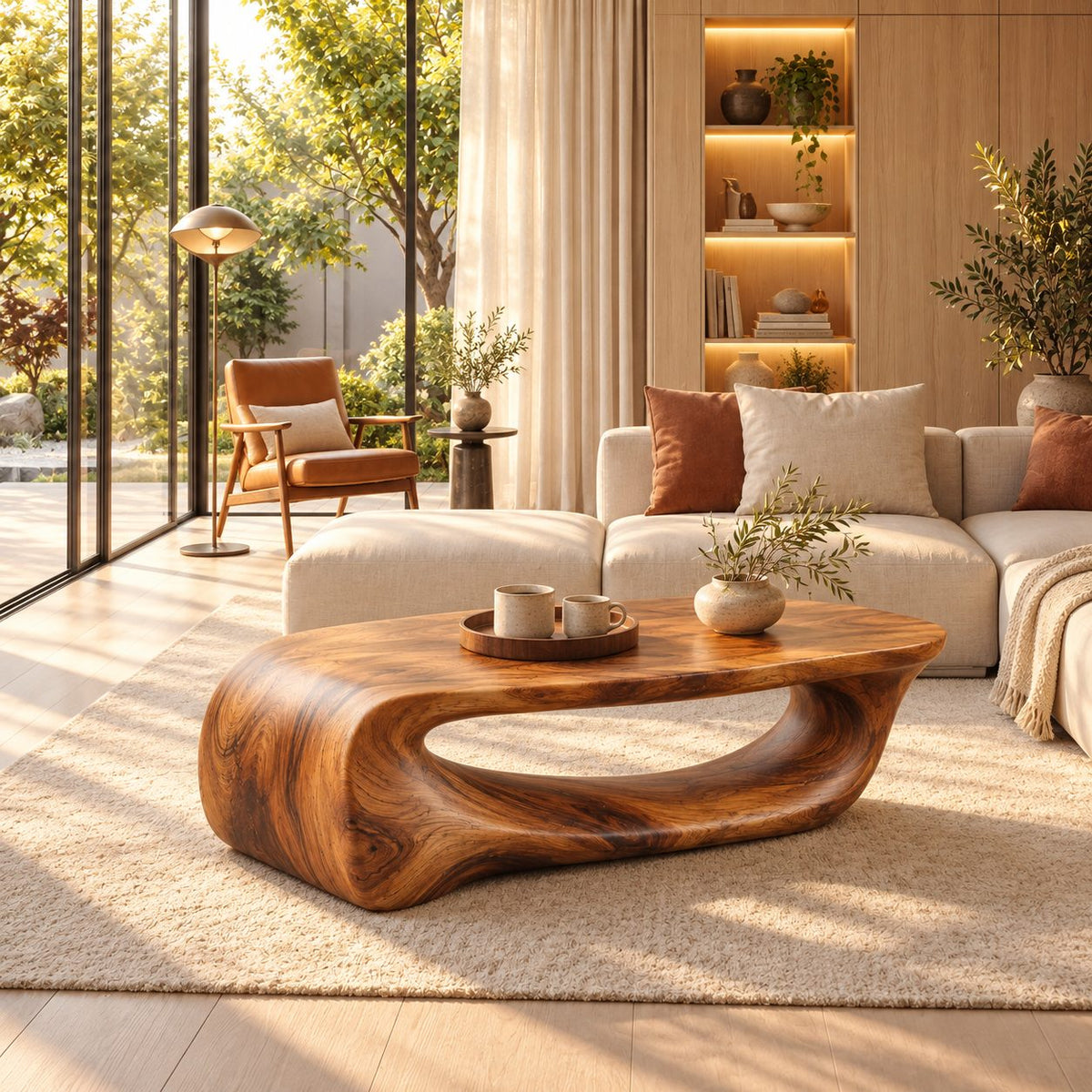 Waterfall Coffee Table, Solid Wood Sculptural Loop Base with Long Open Void, Modern Organic