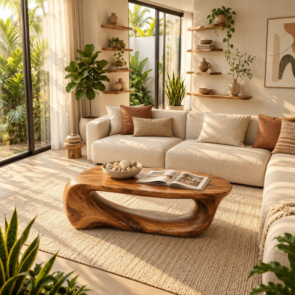 Waterfall Coffee Table, Solid Wood Sculptural Loop Base with Long Open Void, Modern Organic