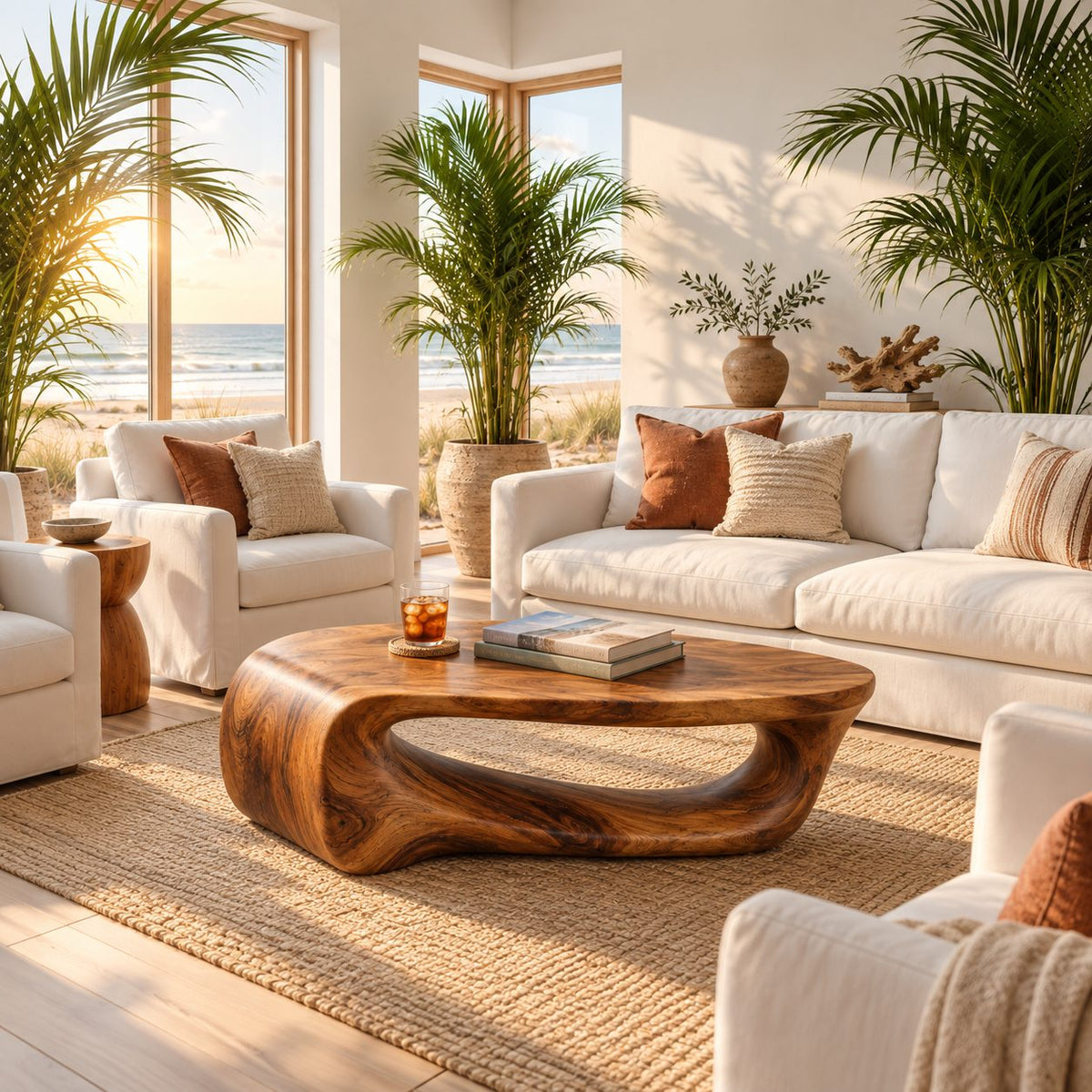 Waterfall Coffee Table, Solid Wood Sculptural Loop Base with Long Open Void, Modern Organic