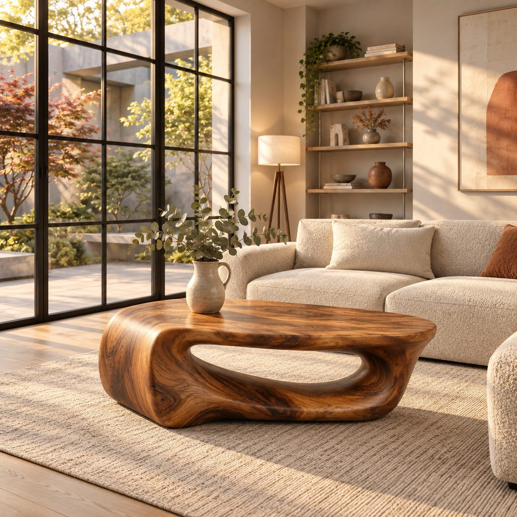 Waterfall Coffee Table, Solid Wood Sculptural Loop Base with Long Open Void, Modern Organic