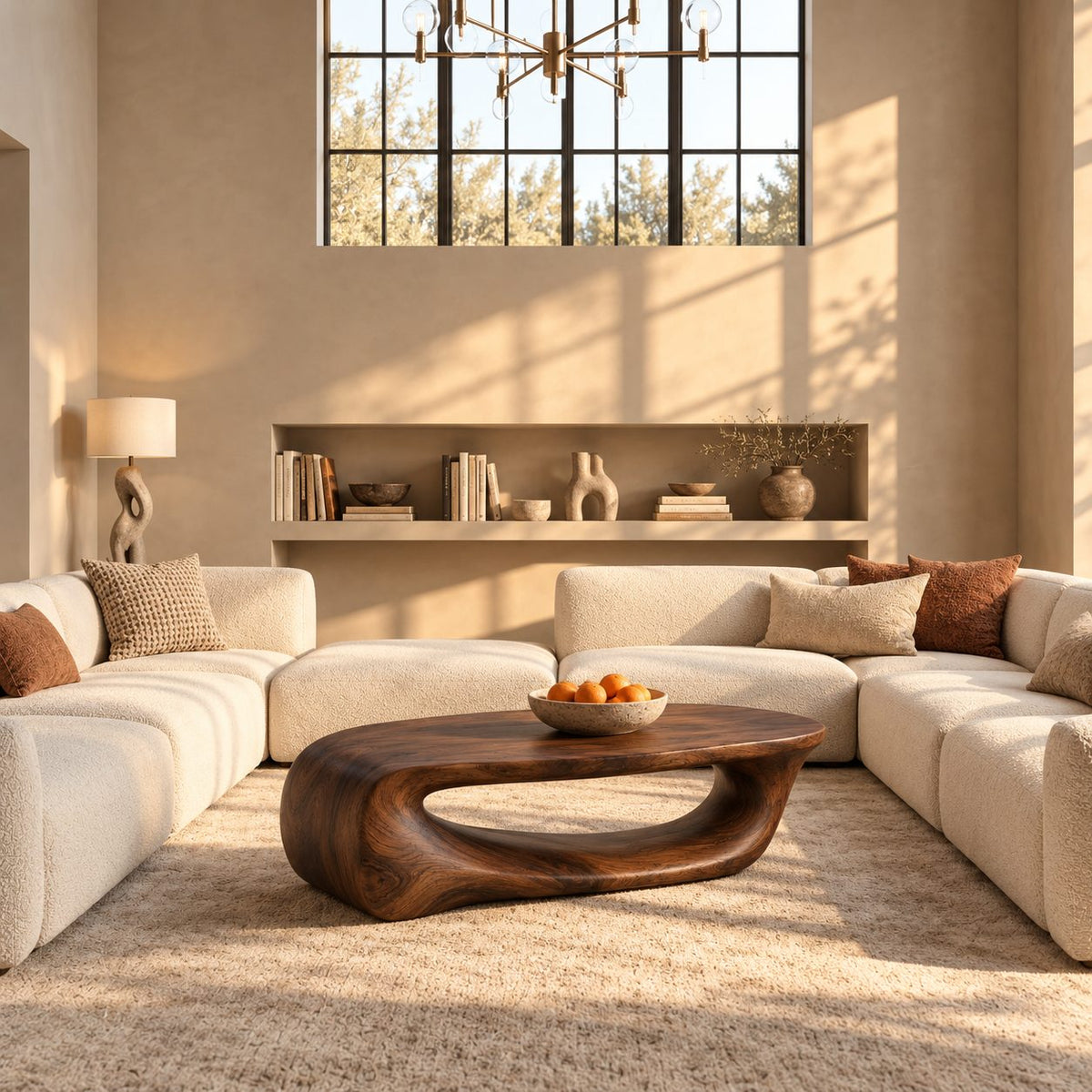 Waterfall Coffee Table, Solid Wood Sculptural Loop Base with Long Open Void, Modern Organic
