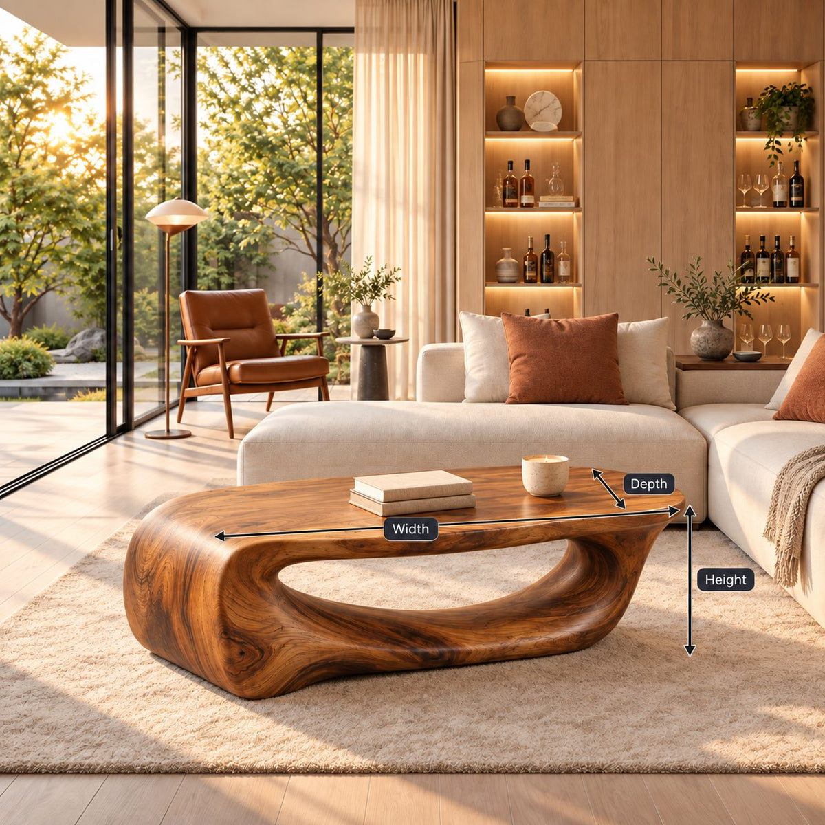 Waterfall Coffee Table, Solid Wood Sculptural Loop Base with Long Open Void, Modern Organic