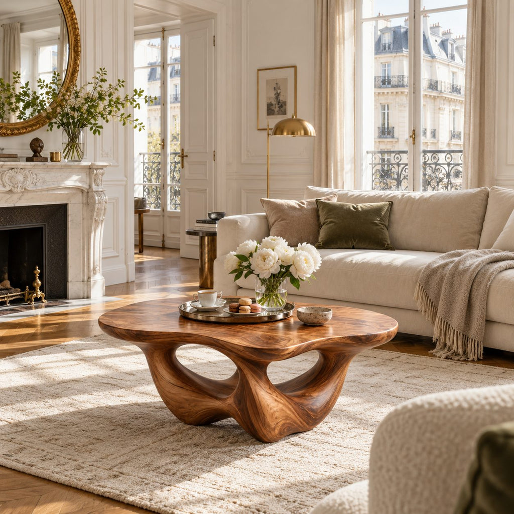 Tulip Coffee Table, Sculptural Solid Wood Pebble Top on Three Curved Petal Legs