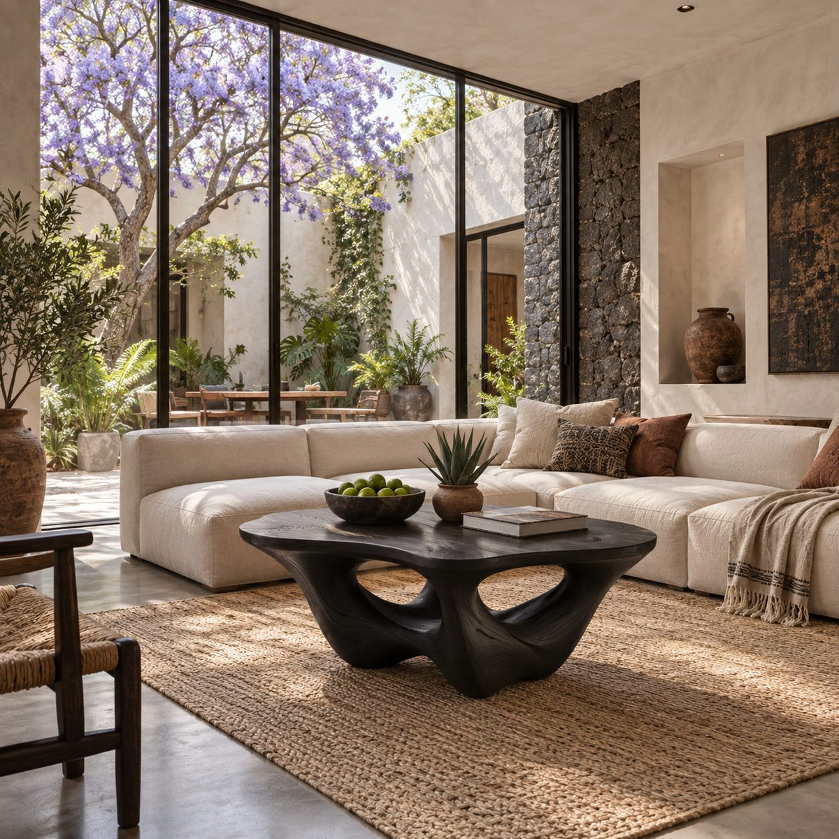 Tulip Coffee Table, Sculptural Solid Wood Pebble Top on Three Curved Petal Legs