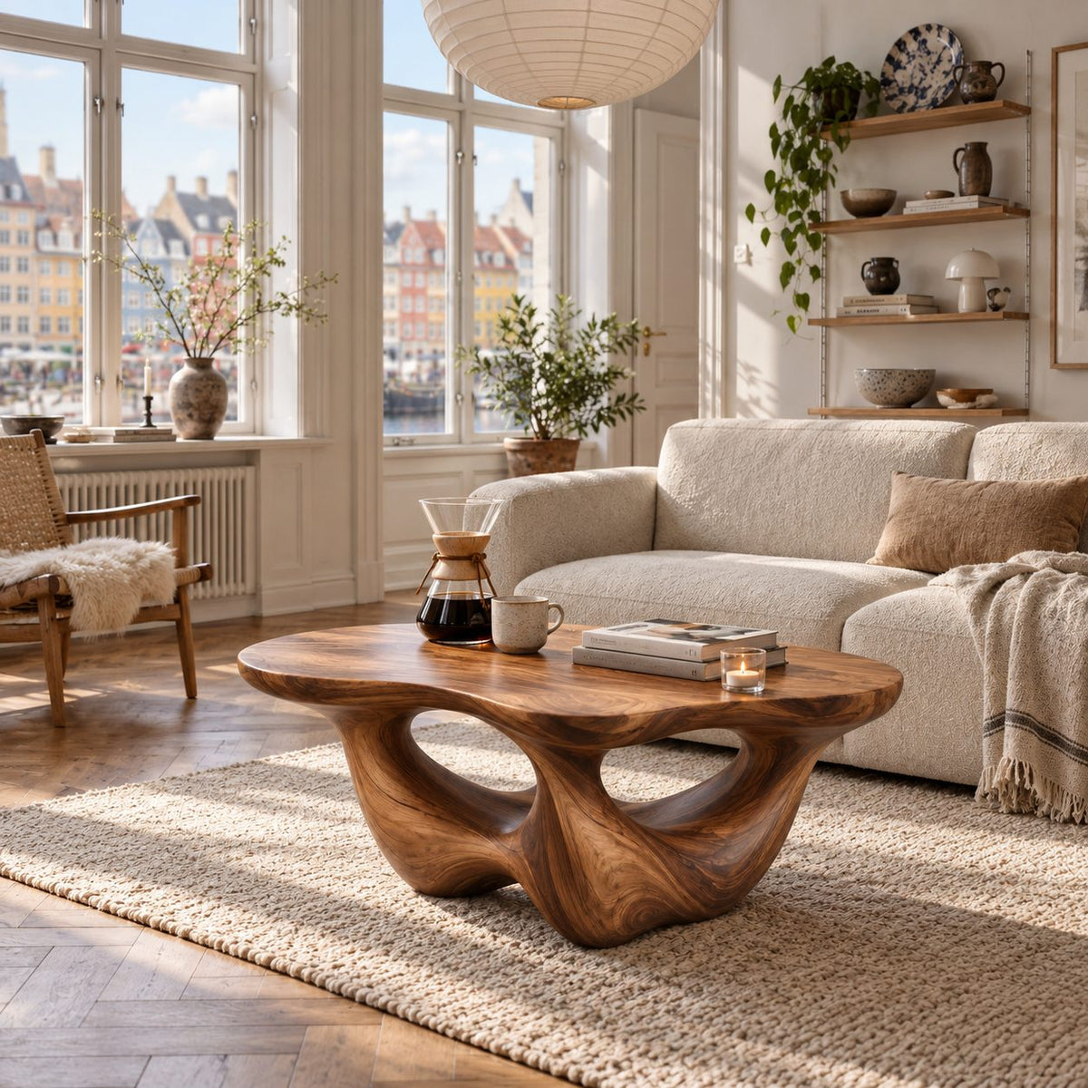 Tulip Coffee Table, Sculptural Solid Wood Pebble Top on Three Curved Petal Legs