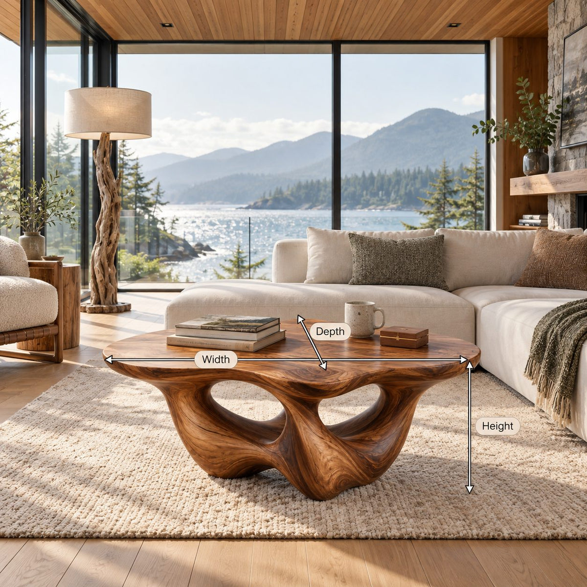 Tulip Coffee Table, Sculptural Solid Wood Pebble Top on Three Curved Petal Legs