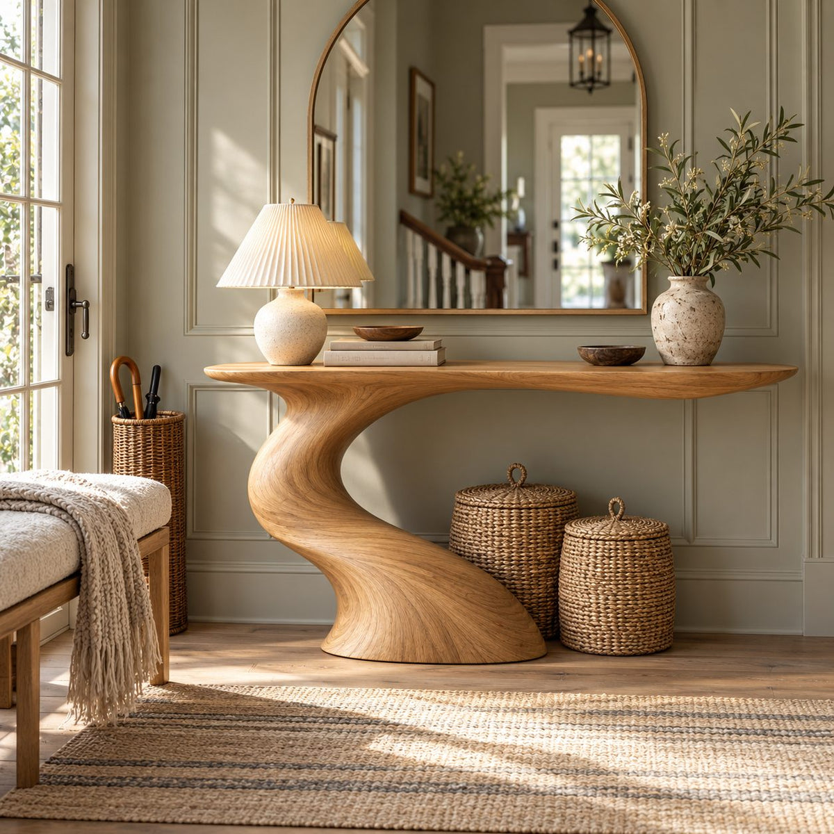 Sculptural Console Table with S-Curve Wood Base, Narrow Entryway Table, Cantilevered Solid Wood Top