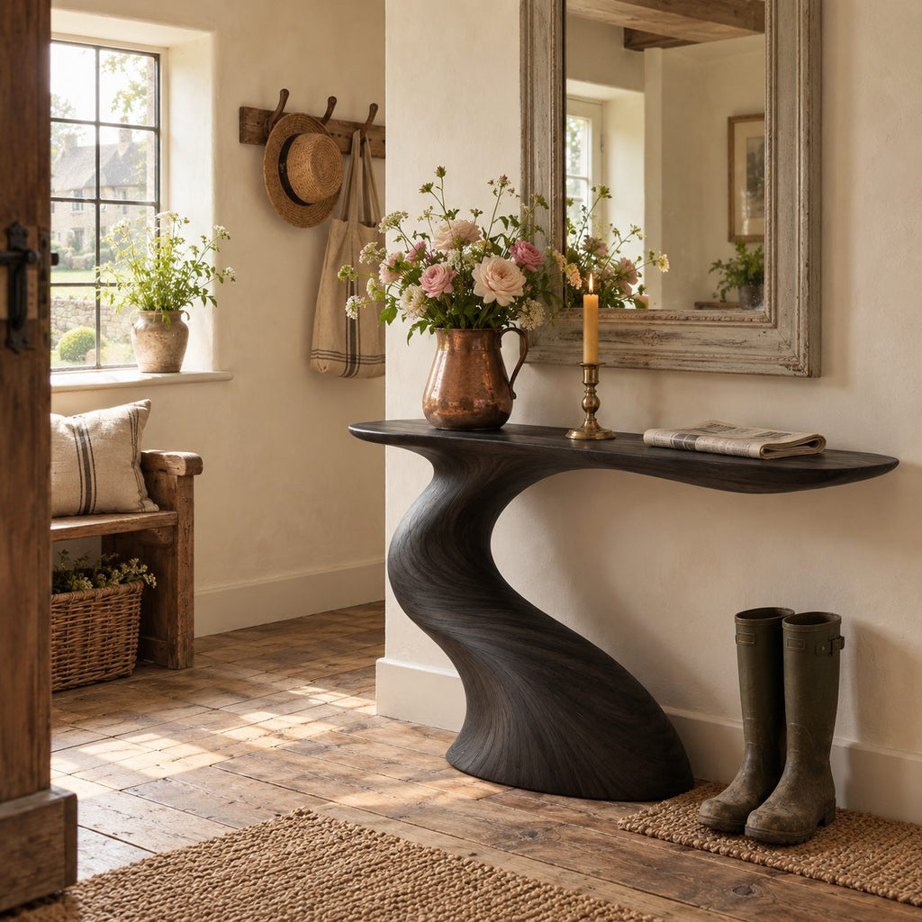 Sculptural Console Table with S-Curve Wood Base, Narrow Entryway Table, Cantilevered Solid Wood Top