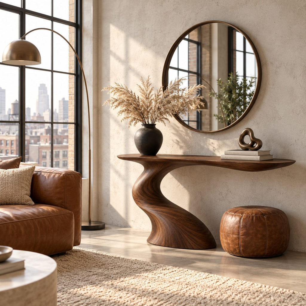 Sculptural Console Table with S-Curve Wood Base, Narrow Entryway Table, Cantilevered Solid Wood Top
