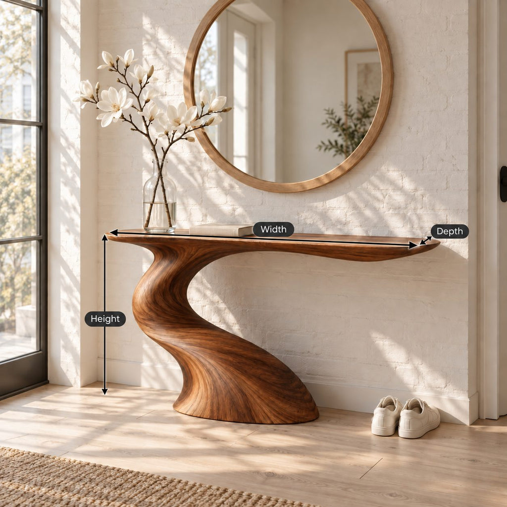 Sculptural Console Table with S-Curve Wood Base, Narrow Entryway Table, Cantilevered Solid Wood Top