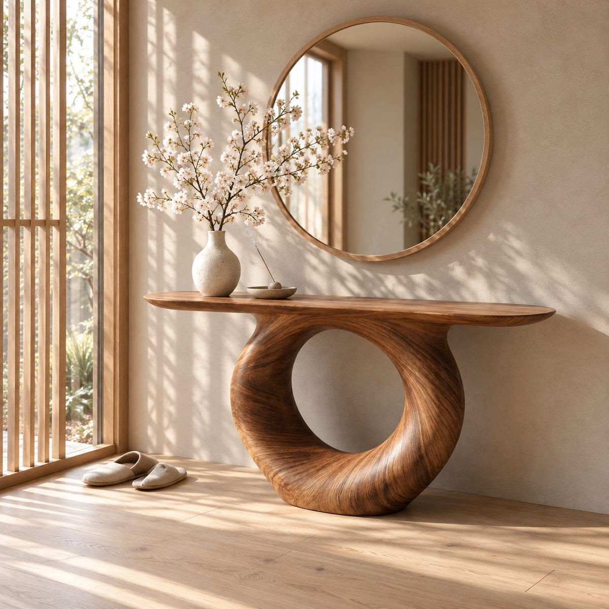 Modern Console Table with Round Hoop Base, Sculptural Solid Wood Entryway Table with Circular Void