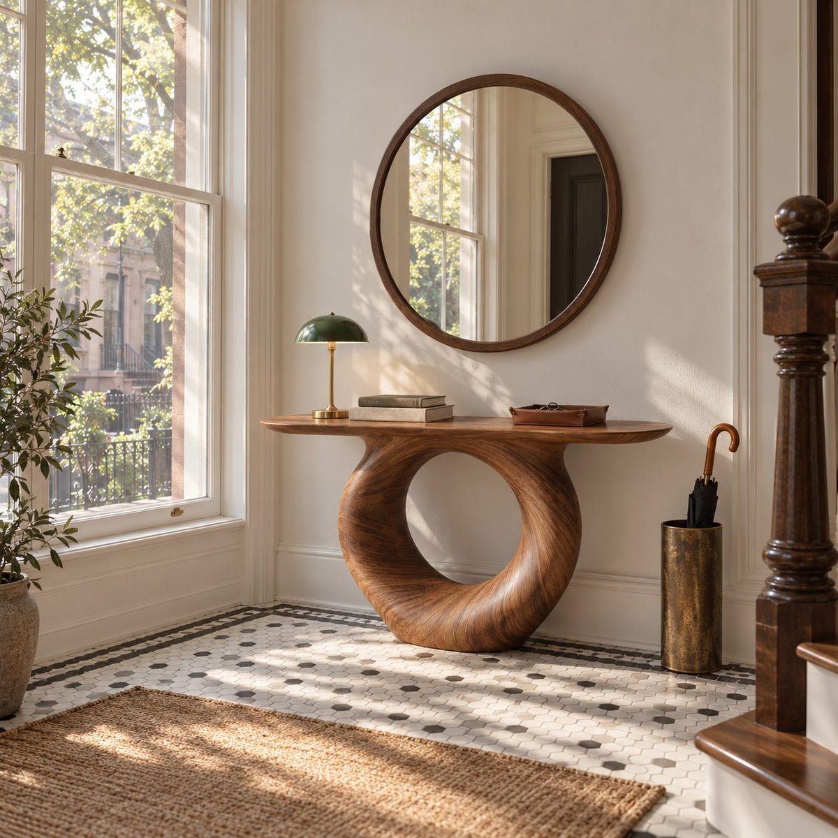 Modern Console Table with Round Hoop Base, Sculptural Solid Wood Entryway Table with Circular Void