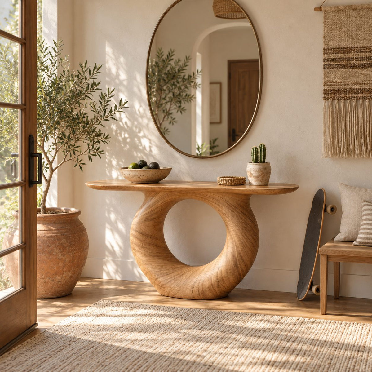 Modern Console Table with Round Hoop Base, Sculptural Solid Wood Entryway Table with Circular Void