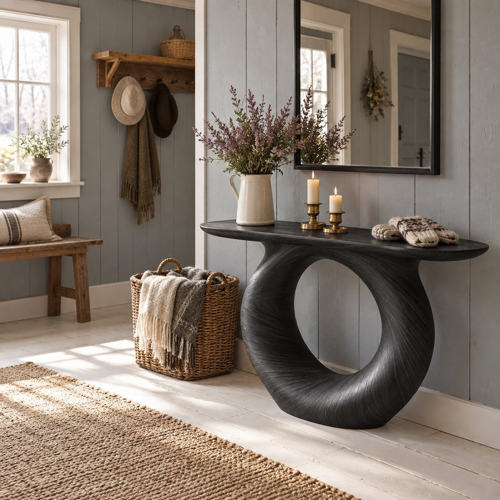 Modern Console Table with Round Hoop Base, Sculptural Solid Wood Entryway Table with Circular Void