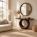 Modern Console Table with Round Hoop Base, Sculptural Solid Wood Entryway Table with Circular Void