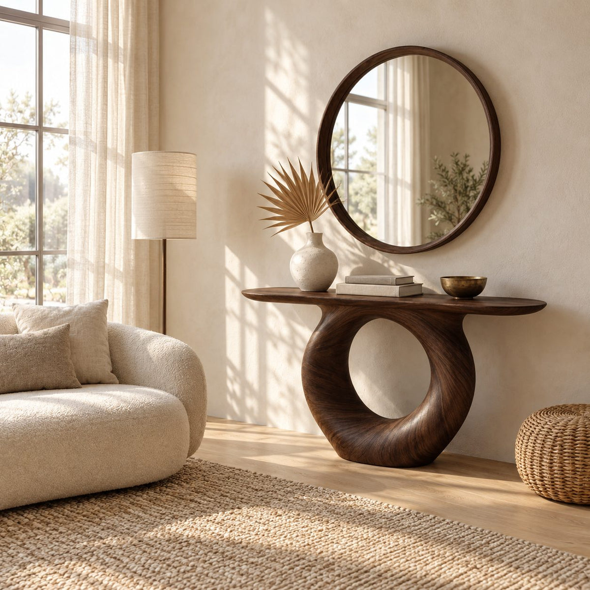 Modern Console Table with Round Hoop Base, Sculptural Solid Wood Entryway Table with Circular Void