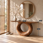 Modern Console Table with Round Hoop Base, Sculptural Solid Wood Entryway Table with Circular Void