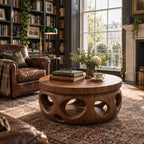 Organic Round Coffee Table, Stepped Solid Wood Drum with Pierced Oval Openings for Modern Living Room
