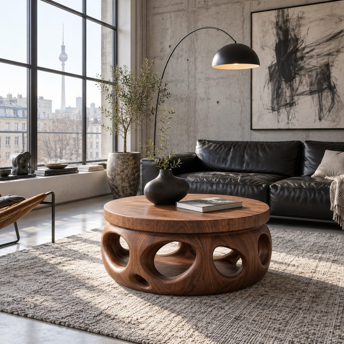 Organic Round Coffee Table, Stepped Solid Wood Drum with Pierced Oval Openings for Modern Living Room