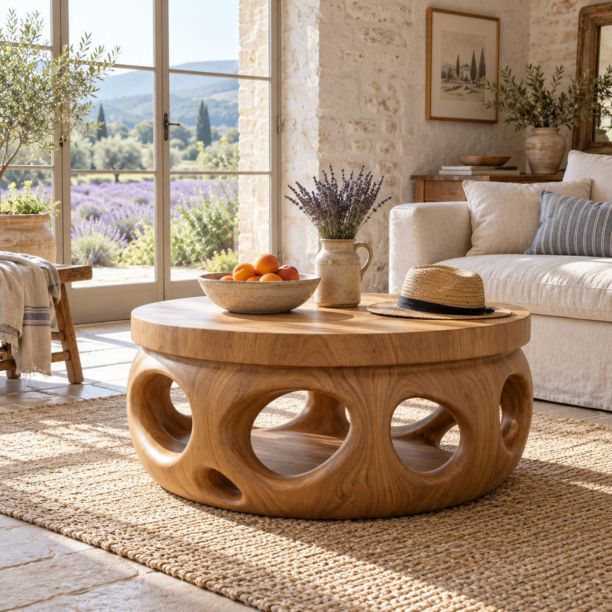 Organic Round Coffee Table, Stepped Solid Wood Drum with Pierced Oval Openings for Modern Living Room