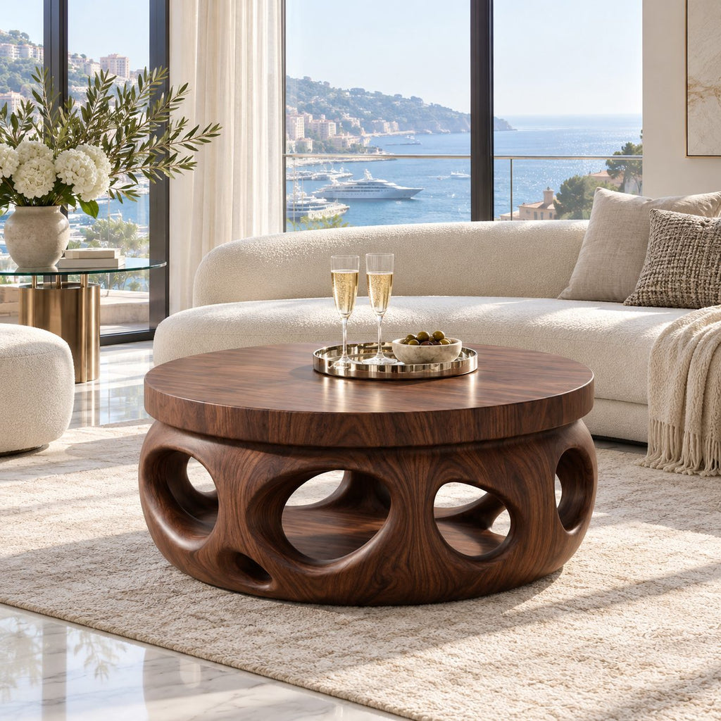 Organic Round Coffee Table, Stepped Solid Wood Drum with Pierced Oval Openings for Modern Living Room
