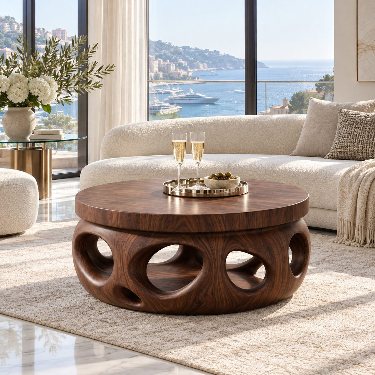 Organic Round Coffee Table, Stepped Solid Wood Drum with Pierced Oval Openings for Modern Living Room