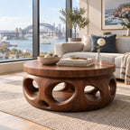 Organic Round Coffee Table, Stepped Solid Wood Drum with Pierced Oval Openings for Modern Living Room