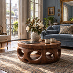 Organic Round Coffee Table, Stepped Solid Wood Drum with Pierced Oval Openings for Modern Living Room