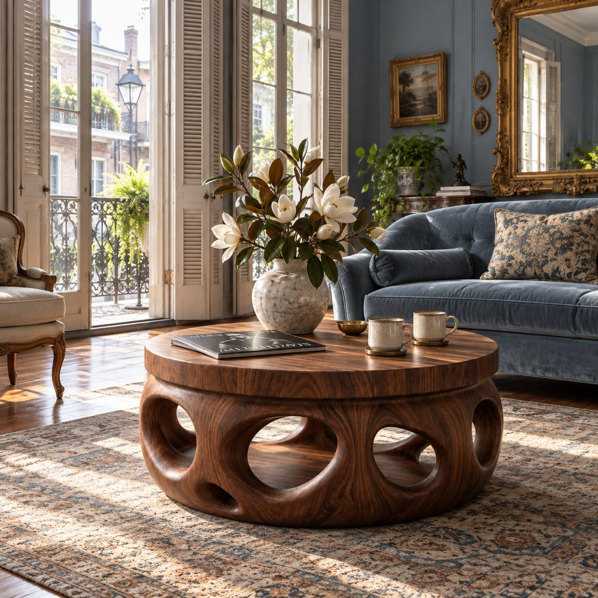 Organic Round Coffee Table, Stepped Solid Wood Drum with Pierced Oval Openings for Modern Living Room