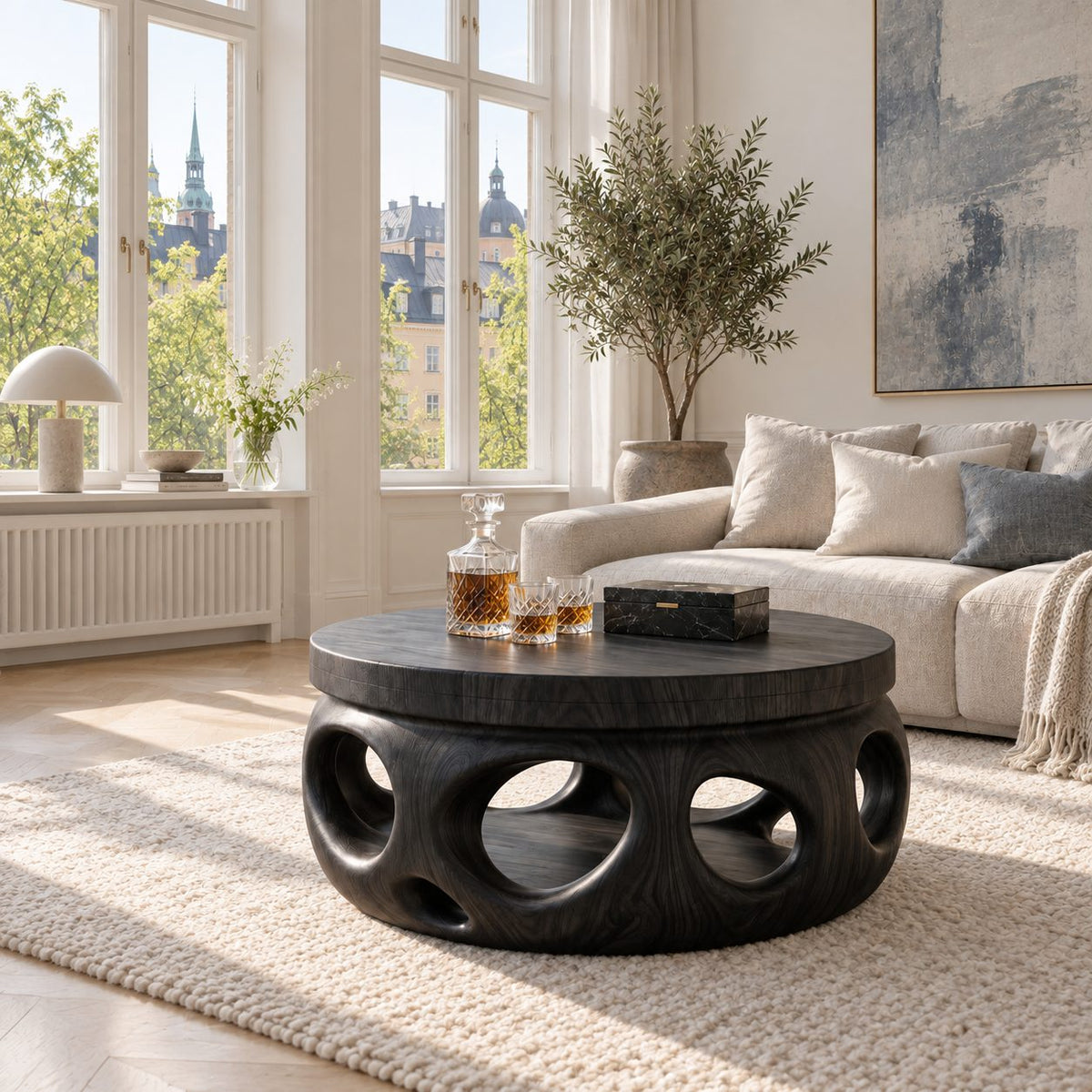 Organic Round Coffee Table, Stepped Solid Wood Drum with Pierced Oval Openings for Modern Living Room