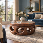 Organic Round Coffee Table, Stepped Solid Wood Drum with Pierced Oval Openings for Modern Living Room