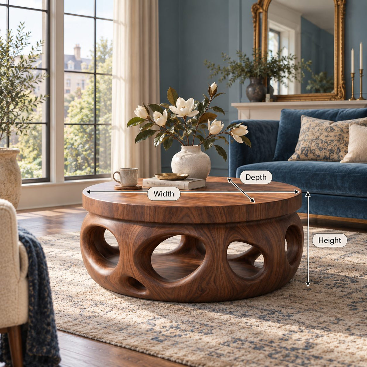 Organic Round Coffee Table, Stepped Solid Wood Drum with Pierced Oval Openings for Modern Living Room