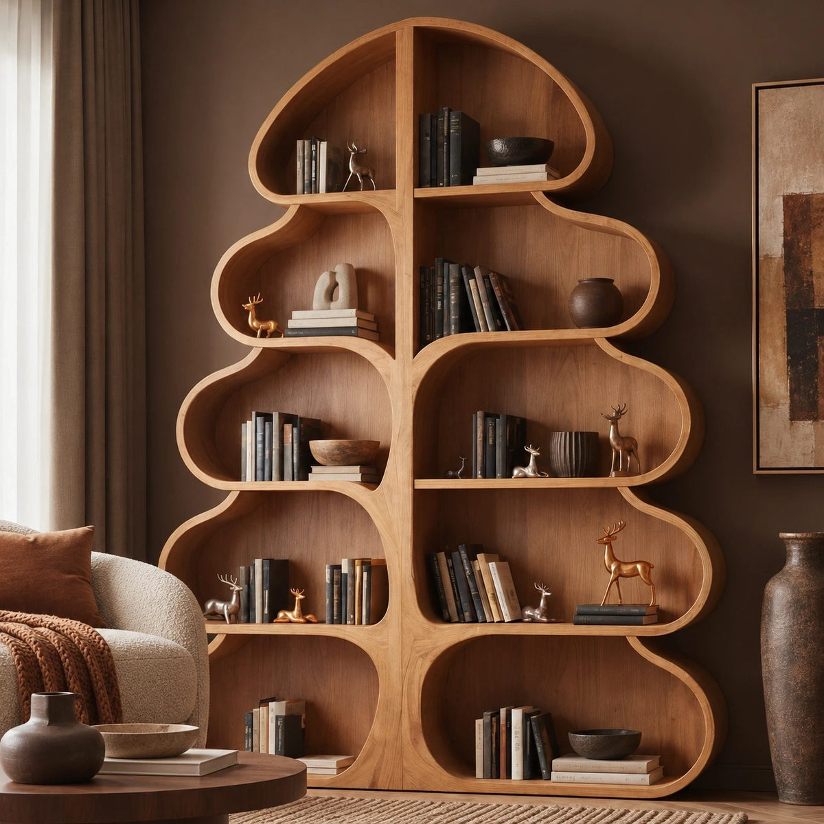 Whimsical Tree Silhouette Wood Bookshelf For Living Room