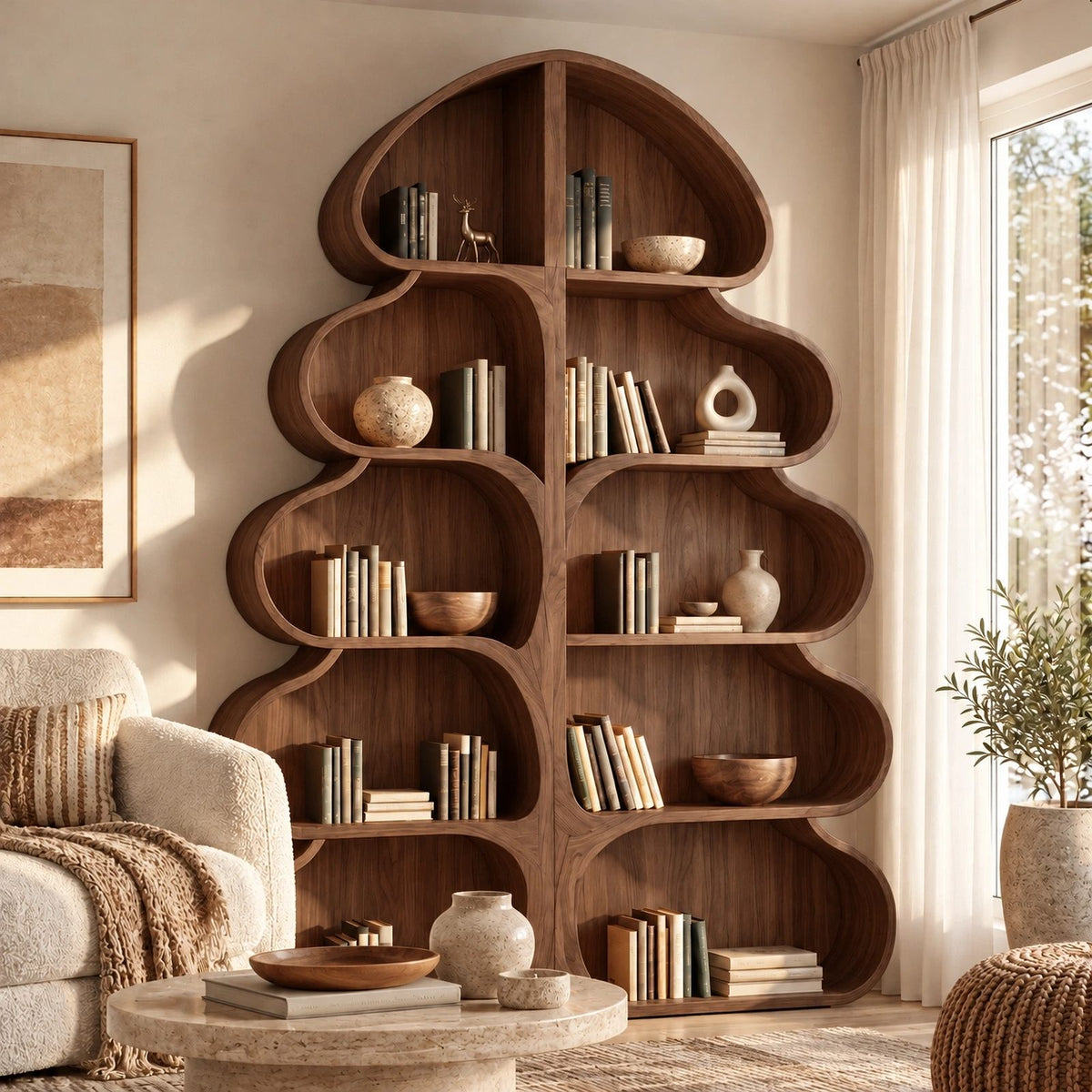 Whimsical Tree Silhouette Wood Bookshelf For Living Room