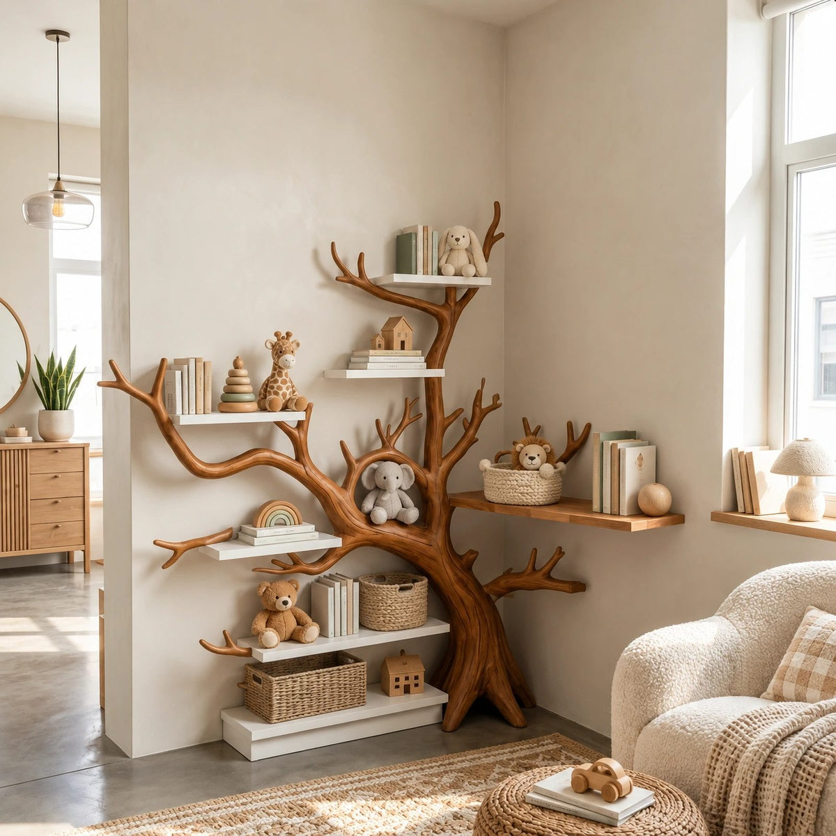 Whimsical Corner Tree Bookshelf With Curved Tiers For Kids Room