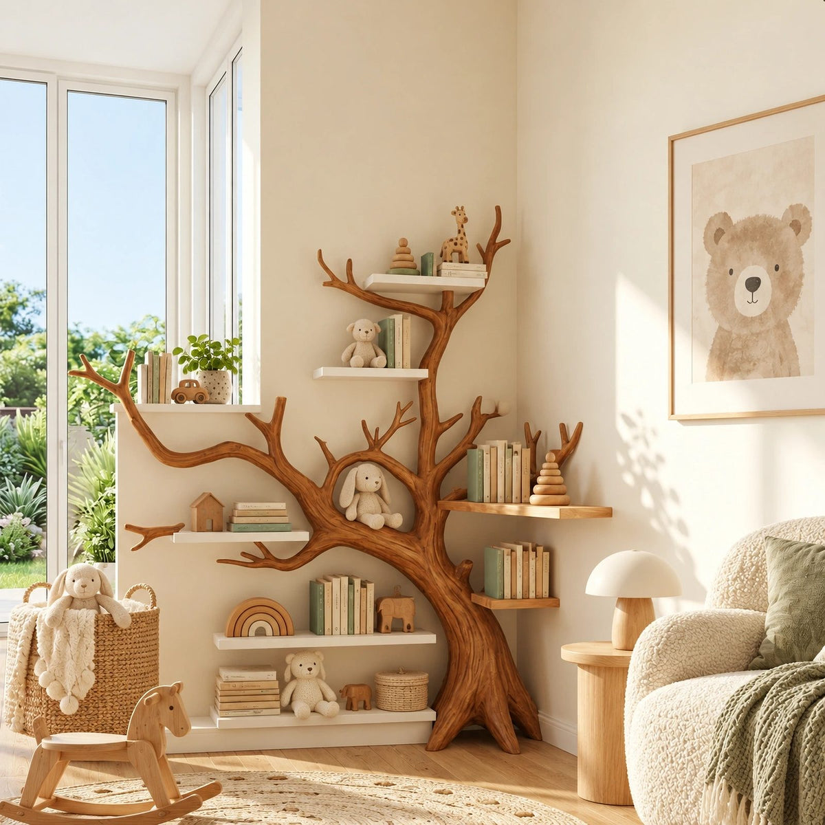 Whimsical Corner Tree Bookshelf With Curved Tiers For Kids Room
