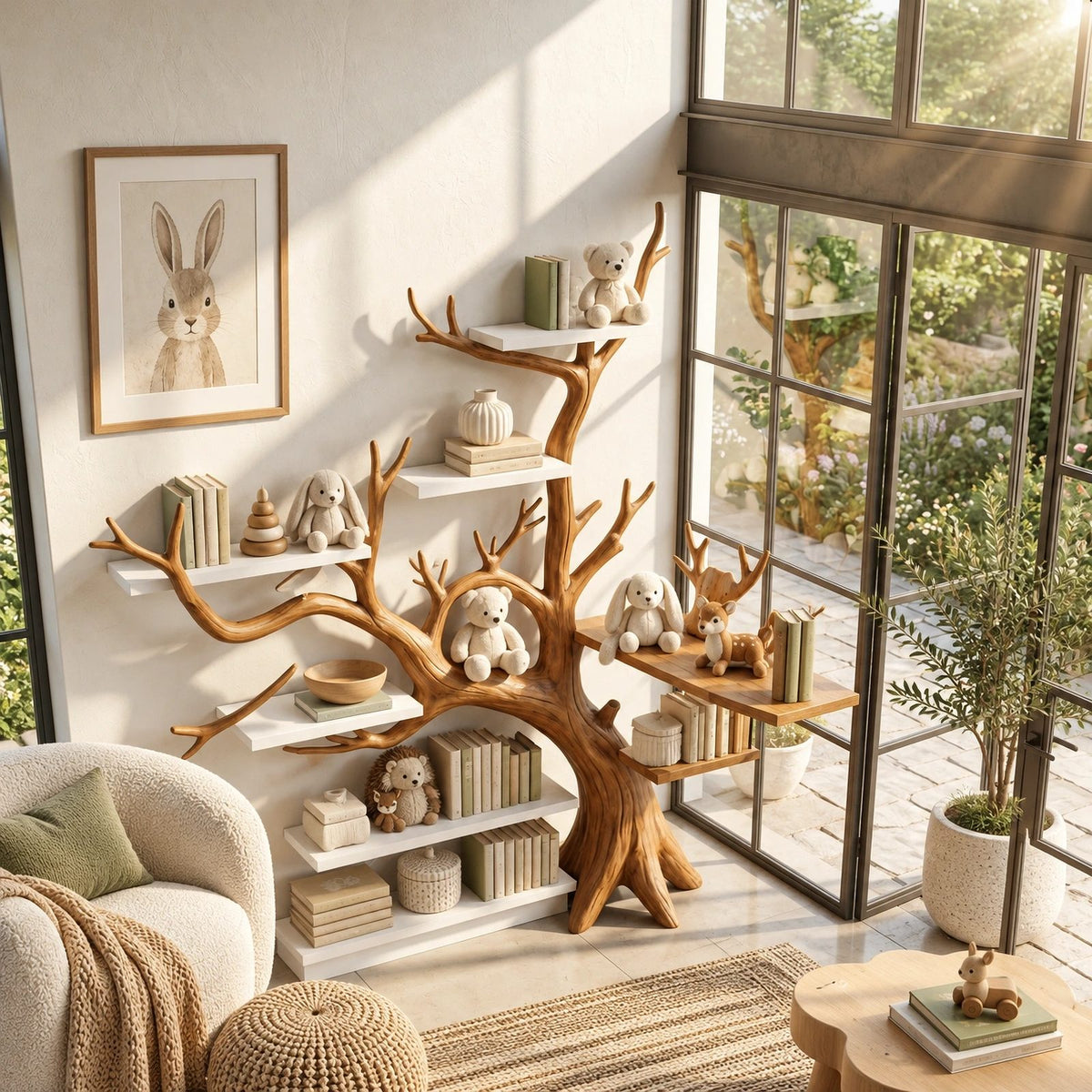 Whimsical Corner Tree Bookshelf With Curved Tiers For Kids Room