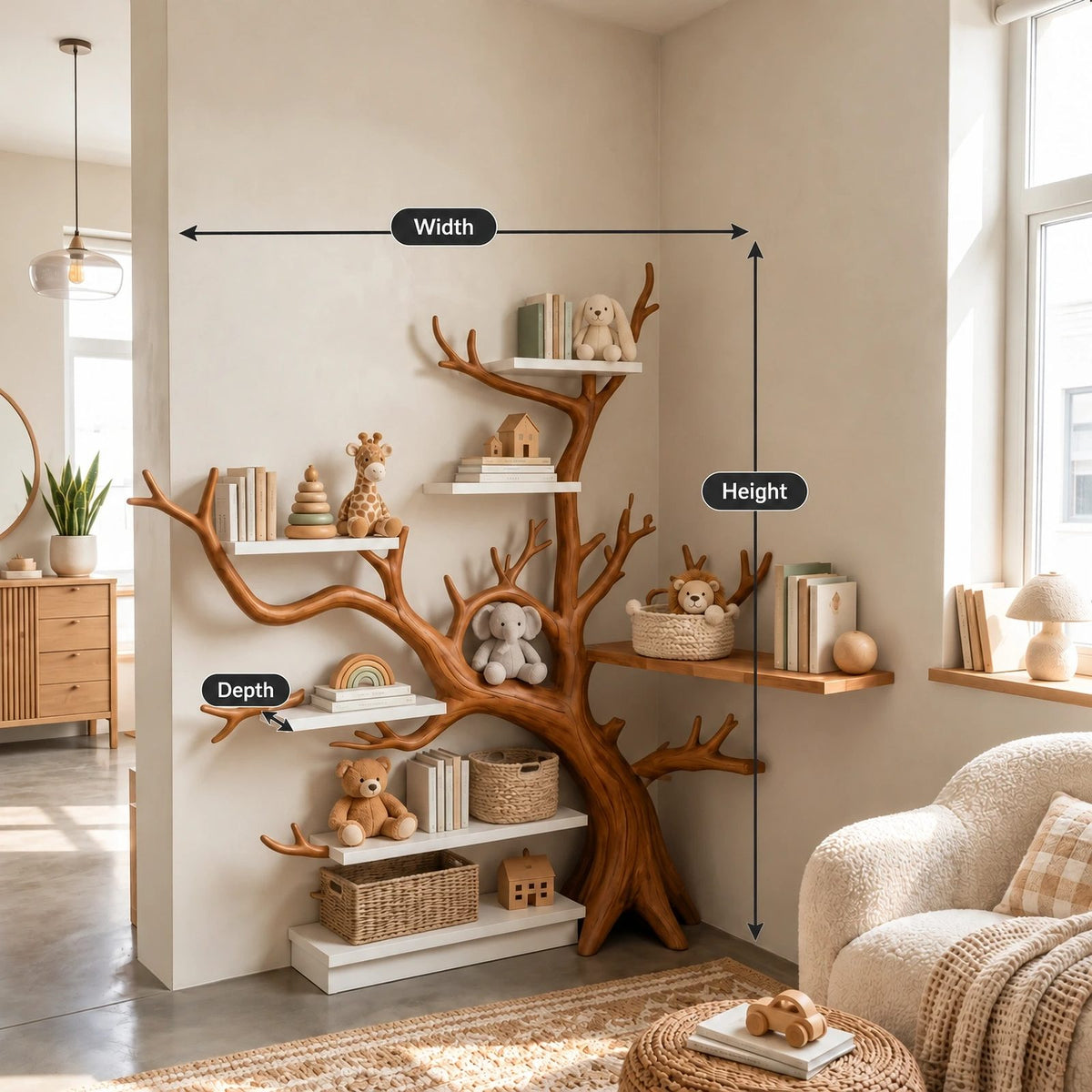 Whimsical Corner Tree Bookshelf With Curved Tiers For Kids Room