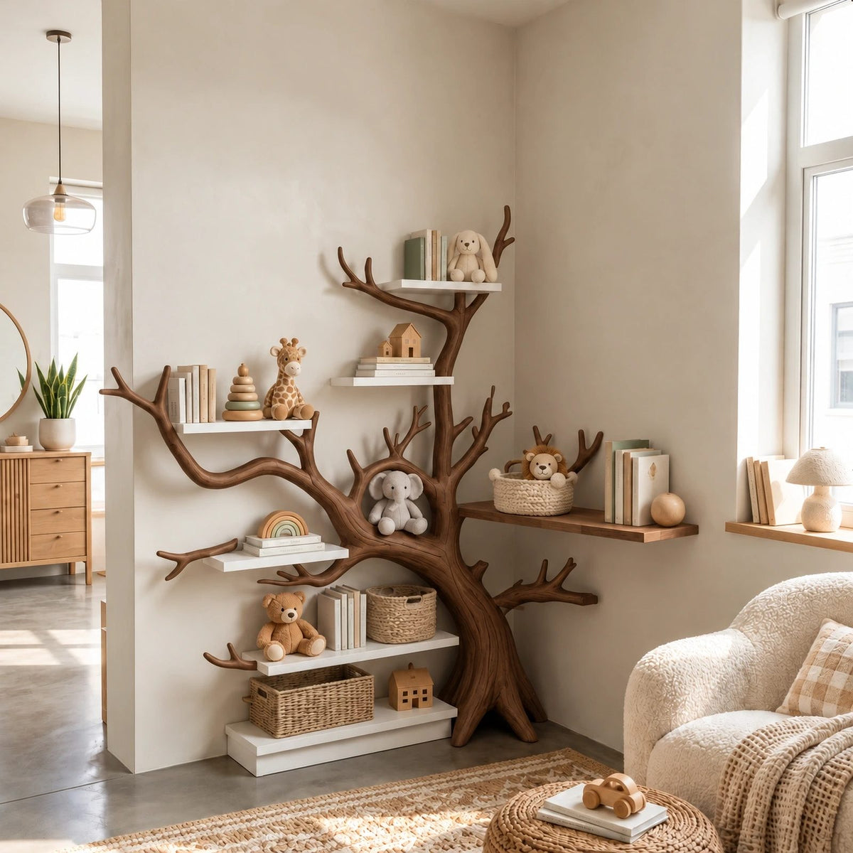 Whimsical Corner Tree Bookshelf With Curved Tiers For Kids Room