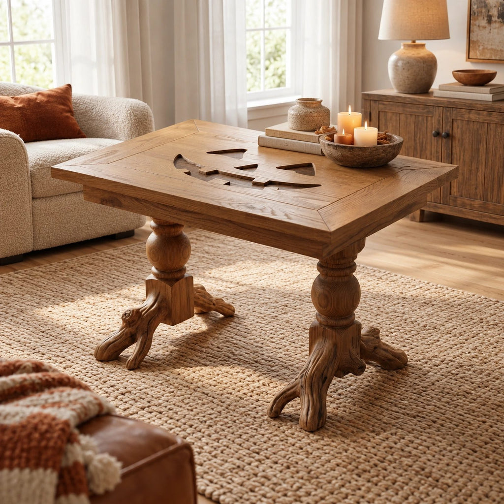 Rustic Turned Leg Wood Coffee Table With Root Base For Living Room