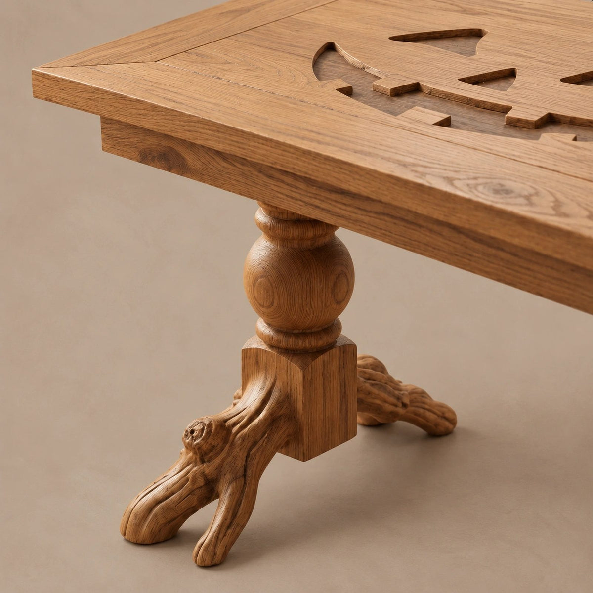 Rustic Turned Leg Wood Coffee Table With Root Base For Living Room
